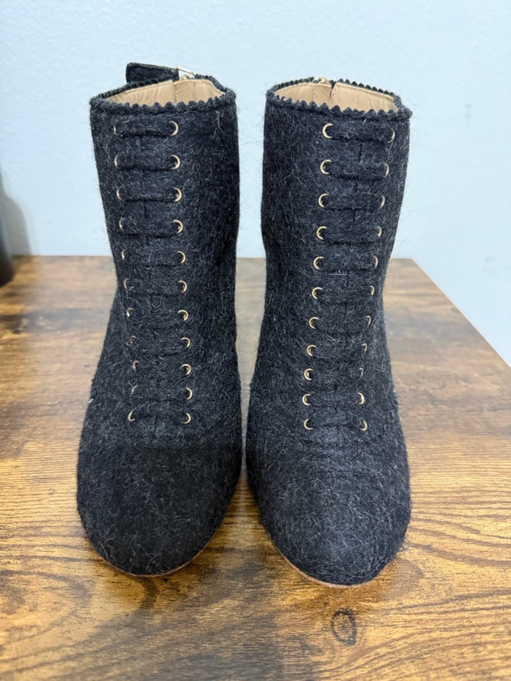 CHANEL Black Wool Lace-Up Ankle Boots - Women's